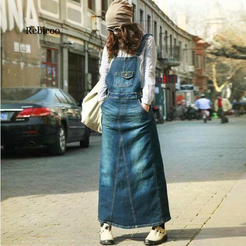 New Women's casual Bohemian loose denim blue overalls Harness dresses Female  Vintage A line long slit cowboy dress