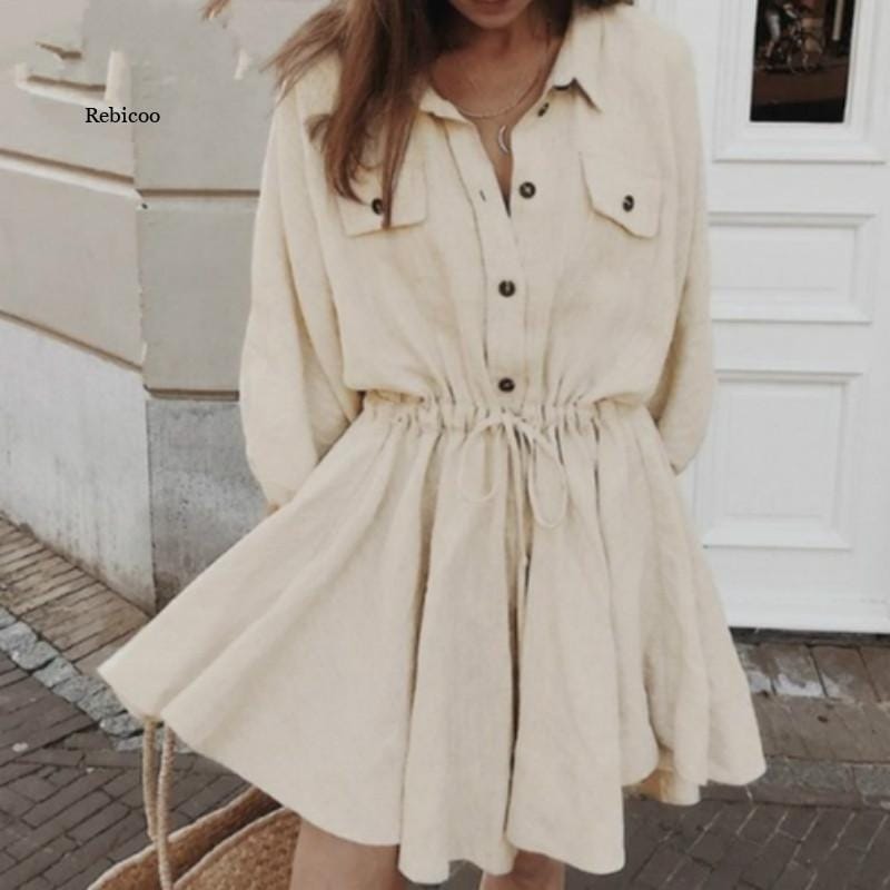 Shirt Dress For Woman Spring Summer Fashion Dresses Casual Lantern Sleeve Buttons Sashes Women's Loose Linen Dresses