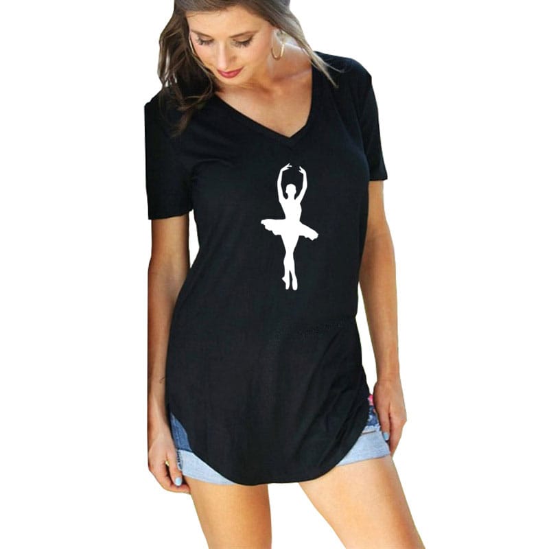 Ballet Dancer T Shirt  print Summer  Women's Casual  Loose cotton Short Sleeve V-Neck Tee Tops