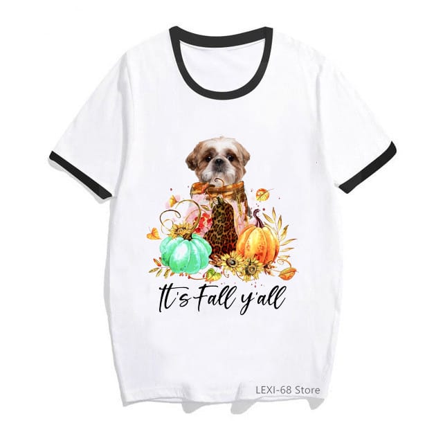 It'S Fall Yall Graphic Print T-Shirt Women'S Clothing Shih Tzu Adorable Puppy Dog Tshirt Femme Thanksgiving T Shirt Female Tops