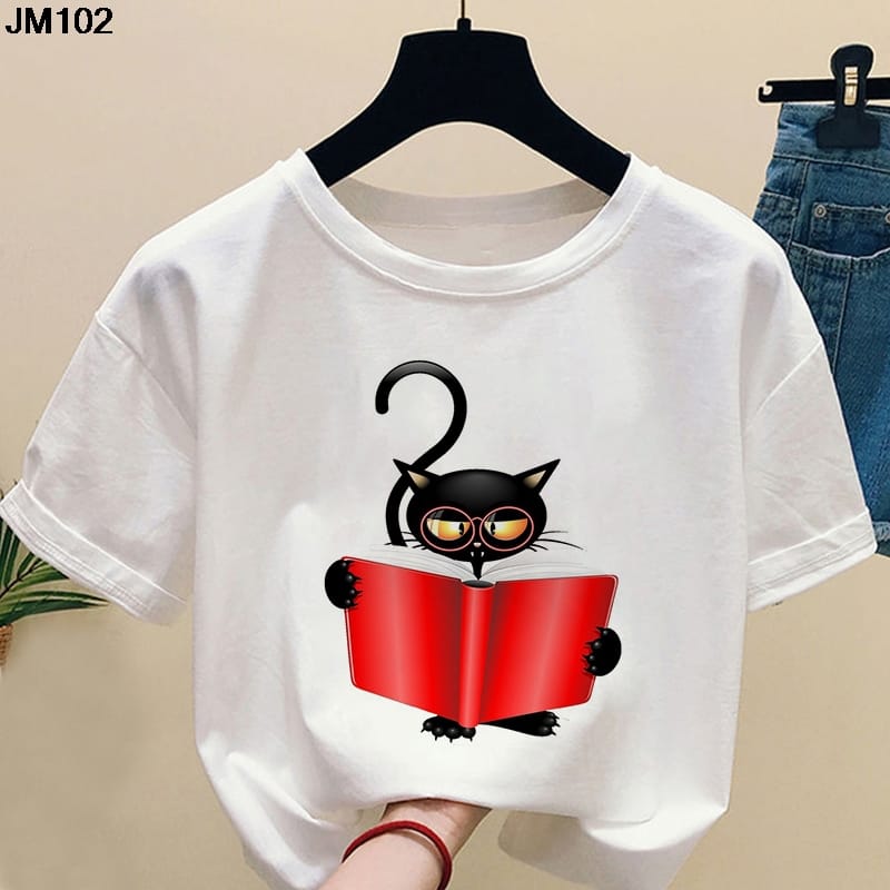 Casual reading cat print Tshirt summer Harajuku women's T shirt fashion Funny graphic short-sleeved tops ladies T-shirt clothing