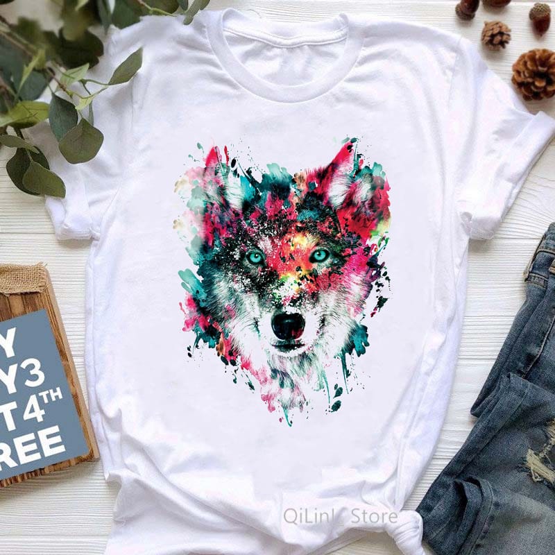 Women's Clothes 2024 Watercolor Wolf/Lion/Owl/Deer/Tiger Print Hip Hop T Shirt Femme Aesthetic Clothes Geek Top Cool Streetwear