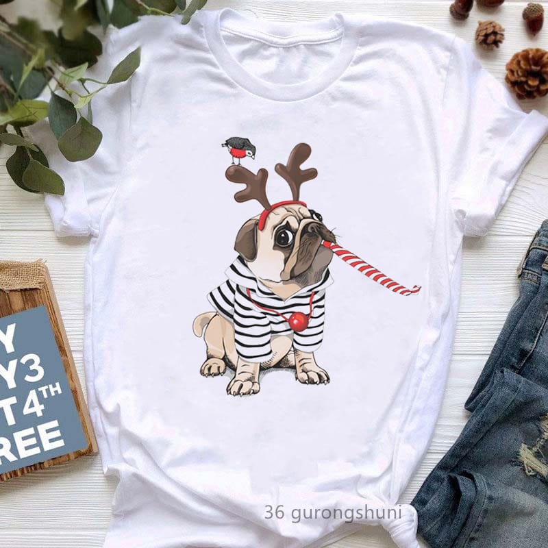 Merry Christmas Pug Dog Animal Print T-Shirt Women'S Clothing Dog Lover Bird Tee Shirt Femme Harajuku Shirt Kawaii Clothes Tops