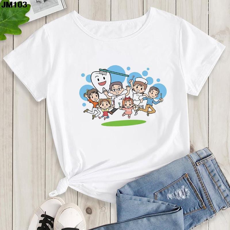 Aesthetic Funny Tooth Dentist Print Female Clothing T-shirt 90s Harajuku Kawaii O-neck Tshirt Summer Fashion Women's Top T Shirt