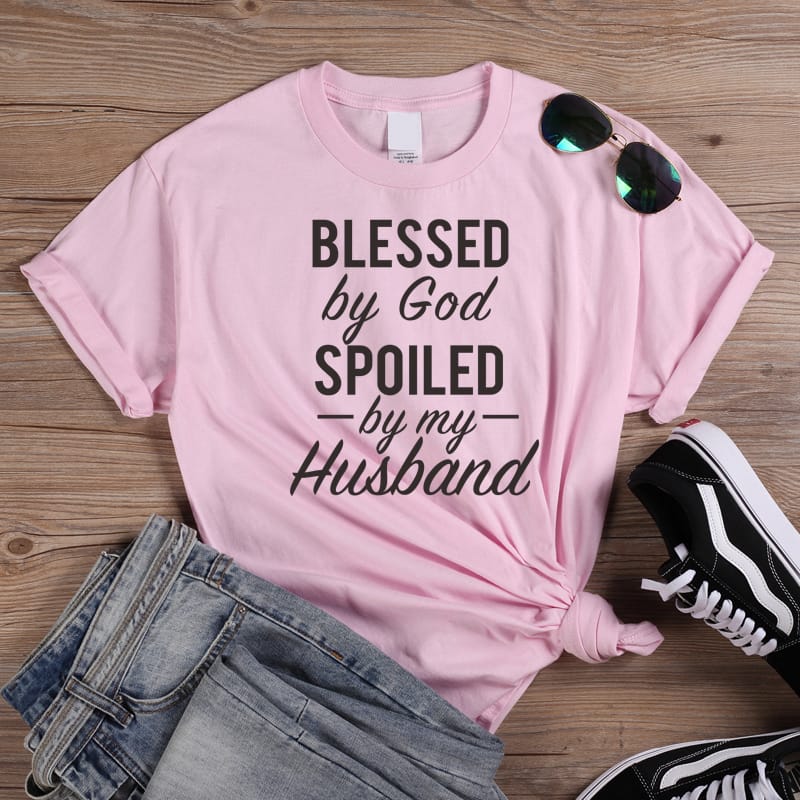 blessed by god spoiled by my husband Women's Short sleeve  Cotton Funny Letter print Graphic O neck Tshirt Drop shipping  goth