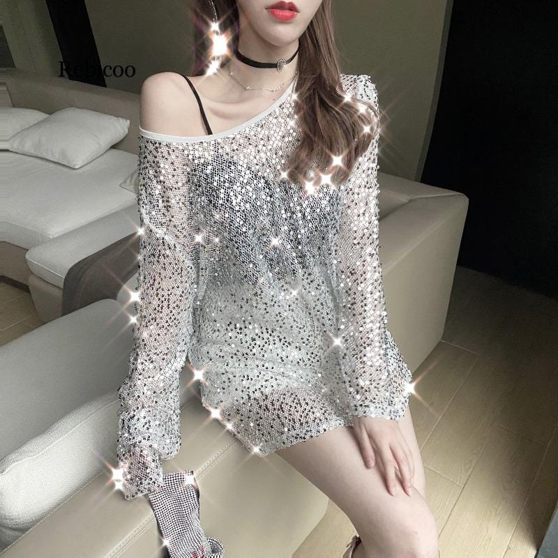 2020 new design sexy hollow sequined female T-shirt spring and summer loose net popular hot fashion brand women's clothing