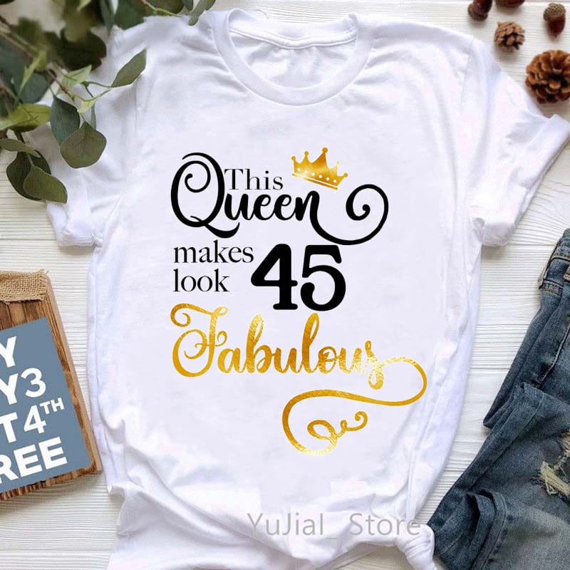 This Queen Makes 40 Look Fabulous Graphic Print Women'S T-Shirts Pink Love Crown Tshirt Femme Birthday Gift T Shirt Female Tops