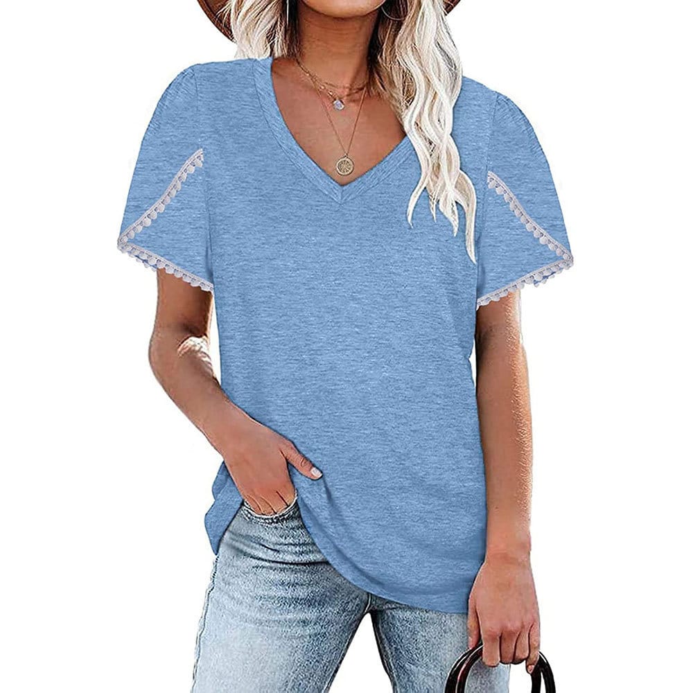 2021 Summer New Women's Solid Color V-Neck Lace Petal Short Sleeve T-Shirt Ladies Fashion Casual Loose Streetwear Tee Shirt Tops