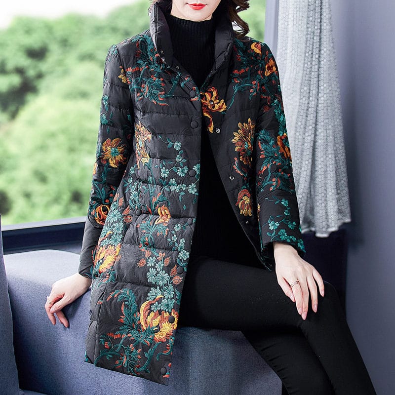 Chinese Style Down Jacket Women's Mid-Length 2020 New Coat Winter Printed Large Size Clothing 90 White Goose Down Outwear k1329