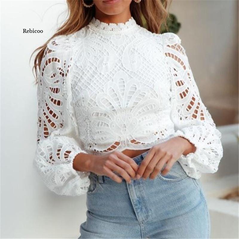 Women's Spring and Summer New Top Blouse Hot Selling Sexy Perspective Long Sleeve Blouse Back Zipper High Collar Lace Shirt