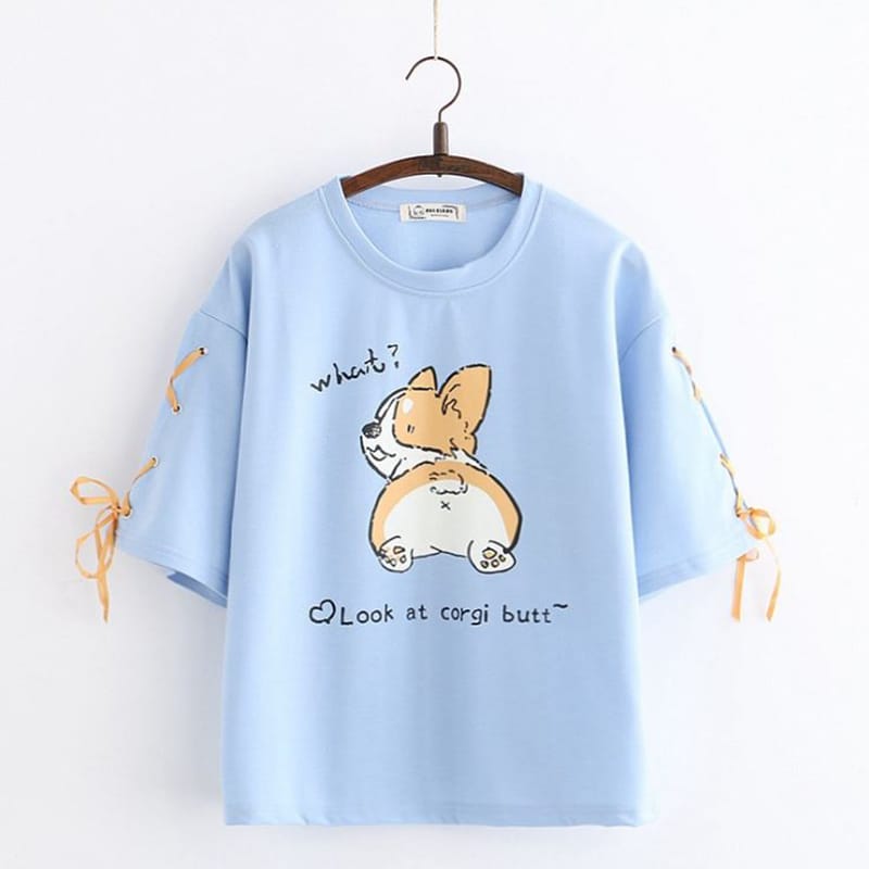 SzBlaZe Women's Korean Style corgi Ass print T Shirt short-sleeved cotton loose Funny T-shirt Cute Kawaii Girls Top Clothes