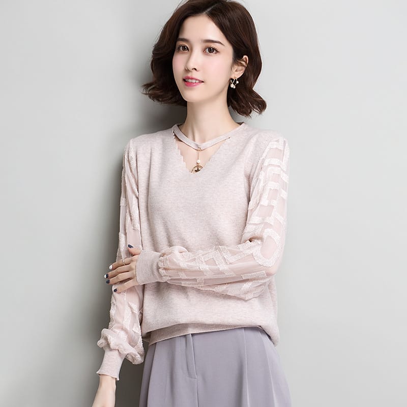 Ice Silk Long Sleeve Lady T-shirt V-neck Korean Pure Color Fashion Women's Wear Top Summer Casual Thin Knitted T-shirts H9220