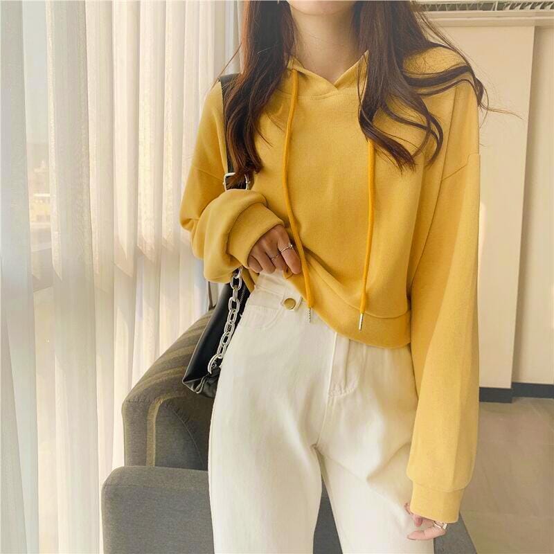 2022 New Spring Women's Hoodies Short Solid Color Korean Style Casual Loose Sweatshirt Simple Basic Office Lady Pullover Tops
