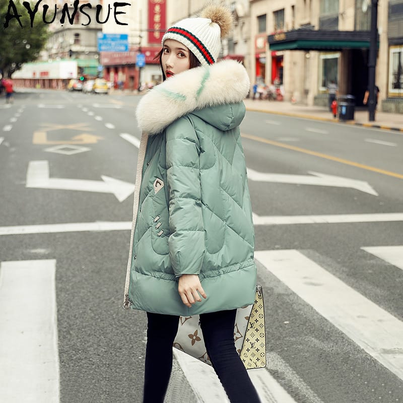 AYUNSUE Winter Duck Down Jacket Women Hooded Fox Fur Collar Fashion Woman Parkas Coat Female High Quality Women's Clothing Ropa