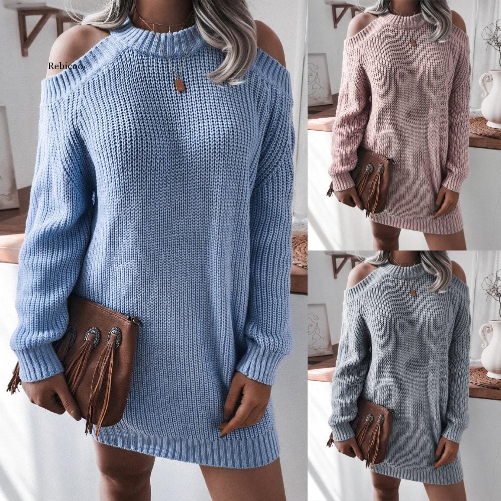 Knitwear Women's Dress Sweater  Autumn and Winter New Casual Mid Length O neck Off Shoulder Dress Female Solid Color
