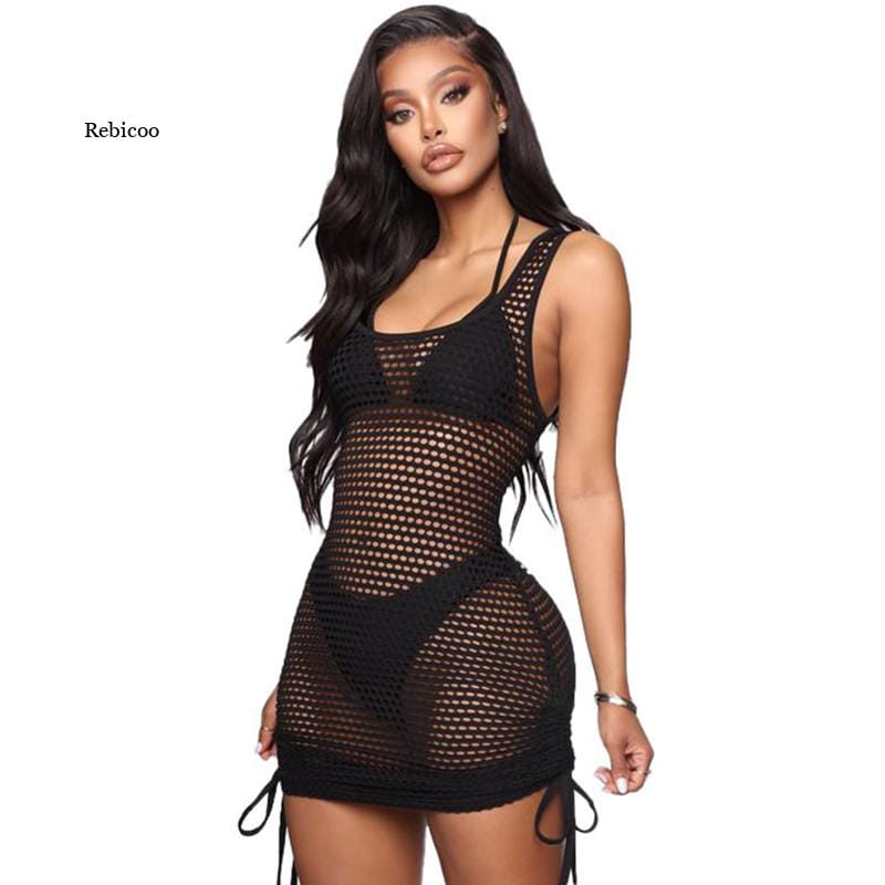 Women's Sheer Mesh Long Sleeve See Through Swimwear Bikini Cover Up Dress