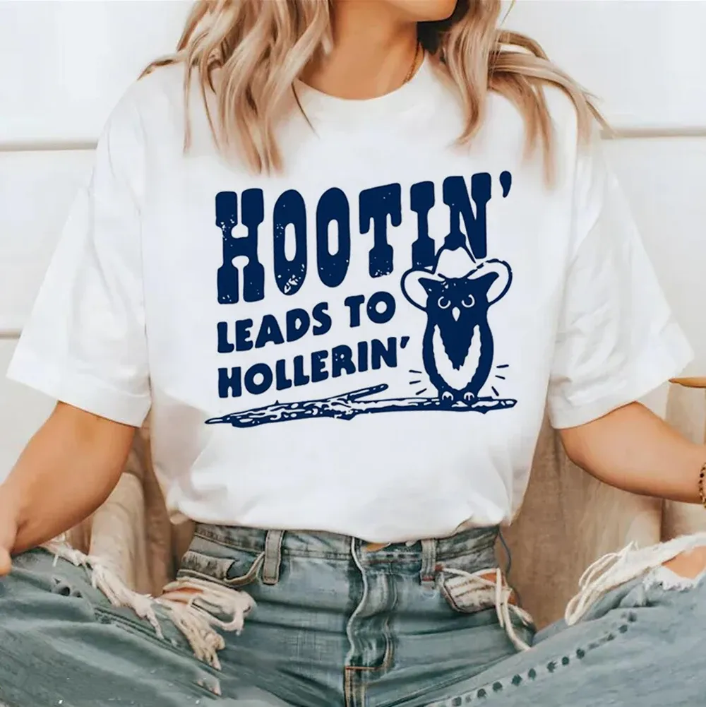 Hootin Leads To Hollerin Meme Printed Casual Watercolor Cartoon Short Sleeve Women's Fashion Style Top Plus Size Printed T-Shirt
