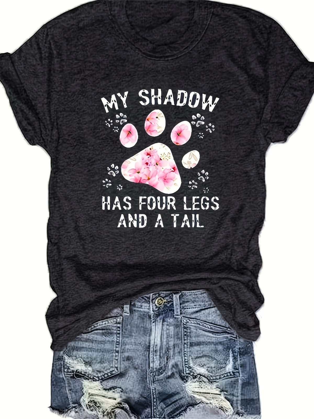Cute Paw & Letter Print Women's Short Sleeve T-Shirt for Spring & Summer