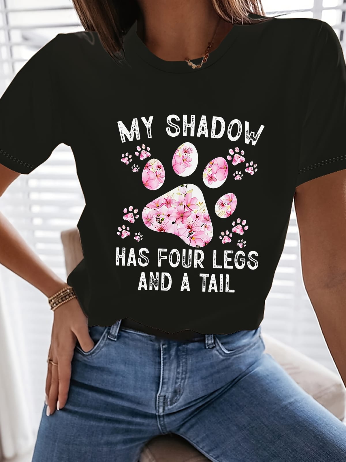 Letter & Paw Print T-Shirt, Casual Crew Neck Short Sleeve Top For Spring & Summer, Women's Clothing