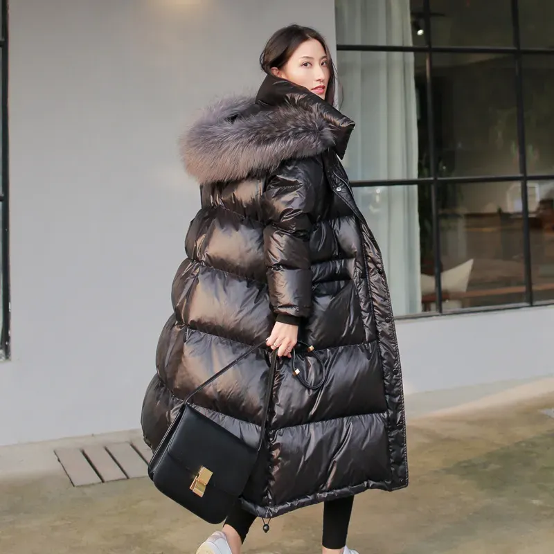 Down Jacket Women's Long Over Knee Extension 2024 New Korean Version Large Fur Collar Thickened Loose Winter Clothing X1027