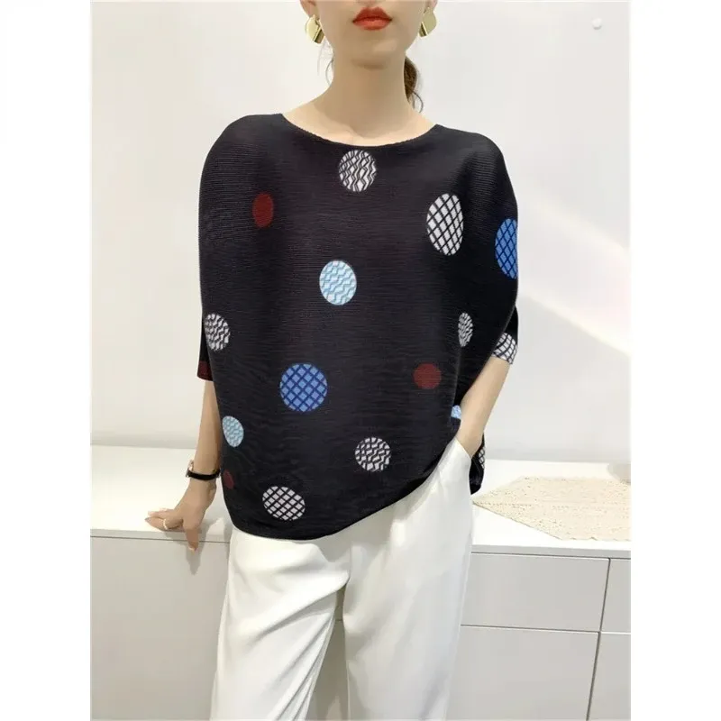 ALSEY Pleated Top Women's 2024 Summer New Fashion Printed T-shirt Loose One-piece Sleeve Toothpick Pleat Women's Jumper