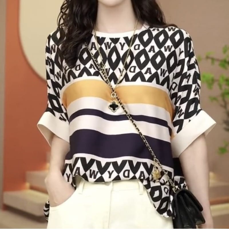 Summer Women's Pullover Round Neck Bat Sleeve Solid Printing Letter Plaid Stripe Patch Loose Commuter Fashion Casual Tops