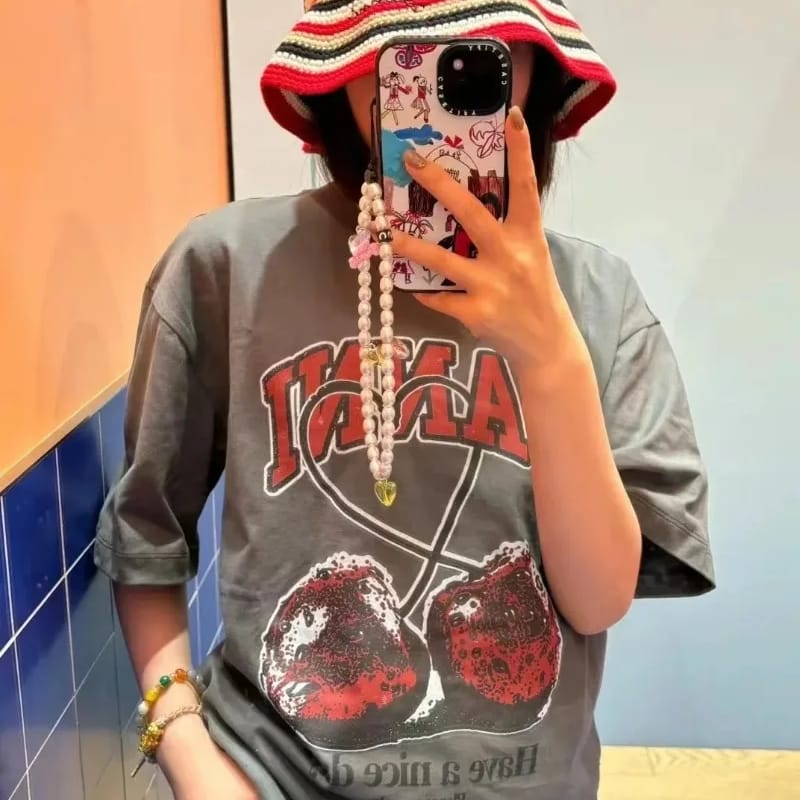 Trendy fruit print O-neck loose short-sleeved simple style youthful strawberry women's T-shirt casual sweet versatile top