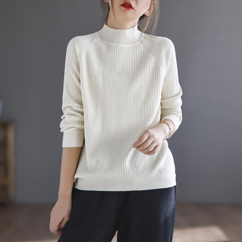 Korean Version Commuter Temperament Women's Clothing Half High Collar Long Sleeved Solid Color Simplicity Versatile Pullover