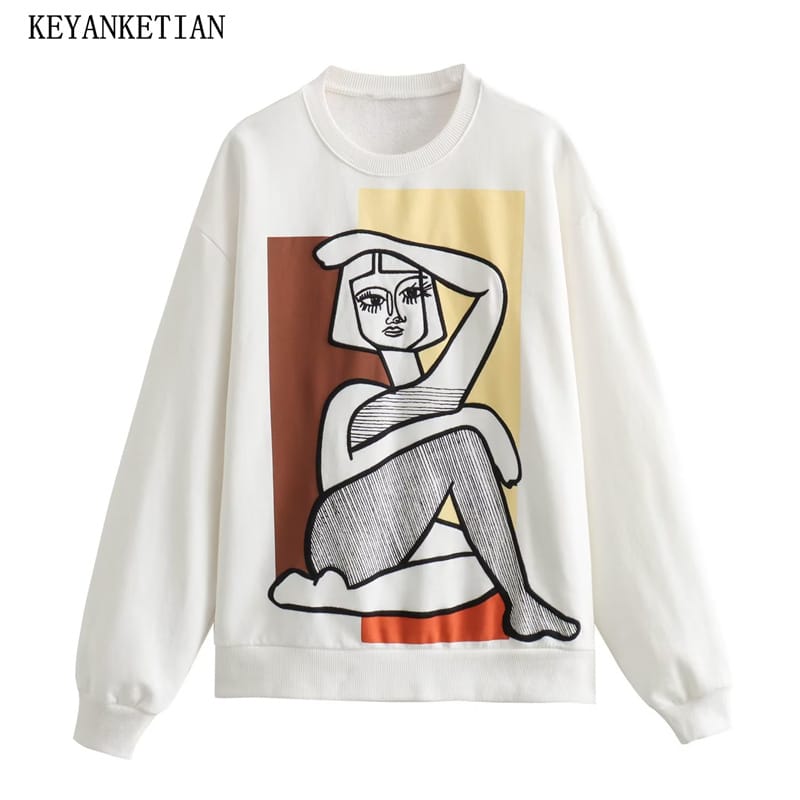 KEYANKETIAN Autumn/Winter New Fashion Color Matching Graffiti Printing Women's Loose Hoodie Oversize O-Neck Pullover Smock