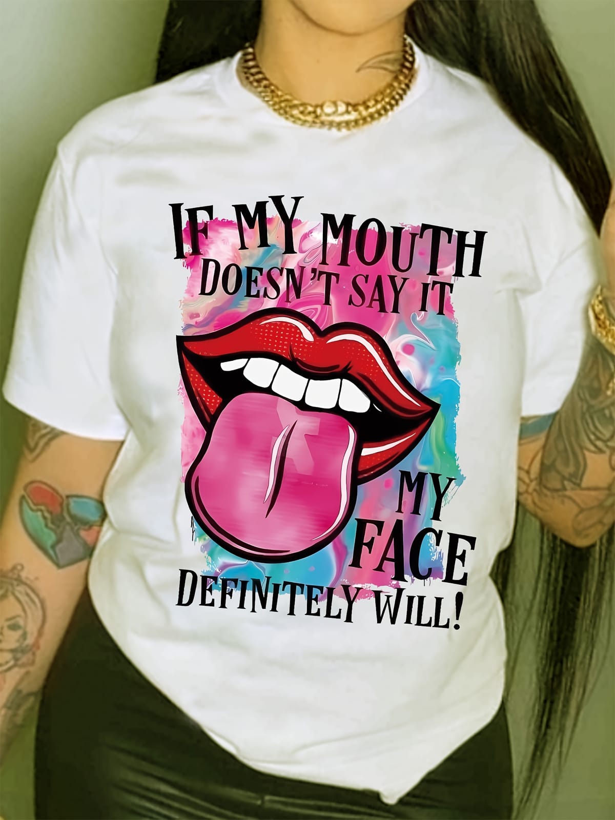 Women's Casual Short Sleeve Lip & Letter Print T-shirt - Crew Neck Tee for Stylish Comfort