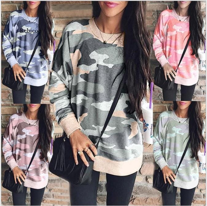 New Spring and Autumn Fashion Printing Round Neck Long Sleeve T-shirt Women's Street Tops Camouflage Sweater Women Clothing