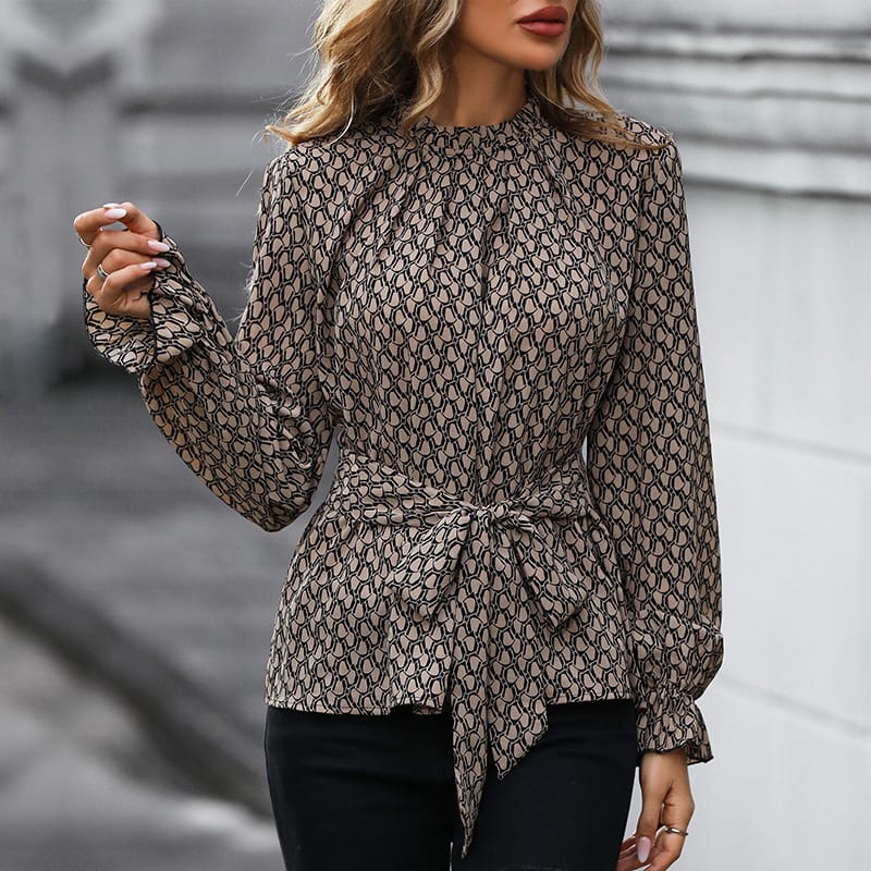 Women's Clothing 2023 Autumn and Winter New Lace Up Round Neck Long Sleeve Fashion Print Versatile Commuter Temperament Pullover
