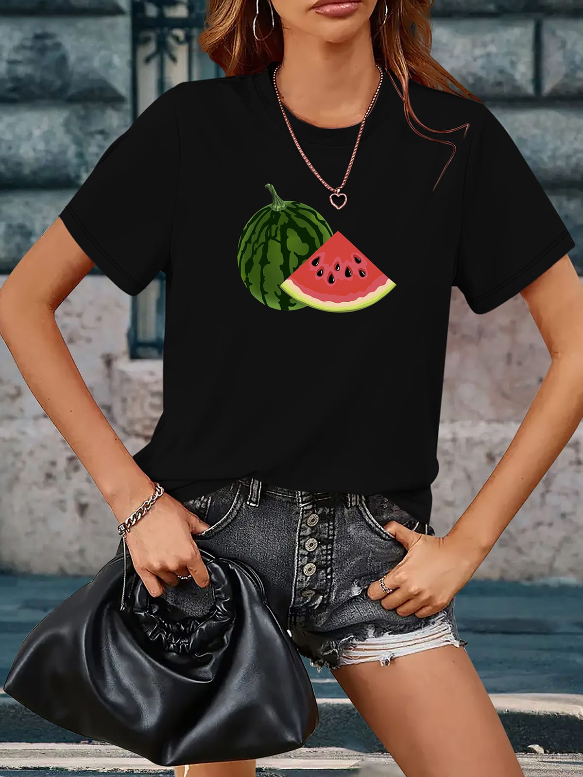 Women's T-shirt  3D Printed Fruit Oversized Round Neck T-shirt Women's Loose Bottom Shirt  Summer Black Short Sleeve Top