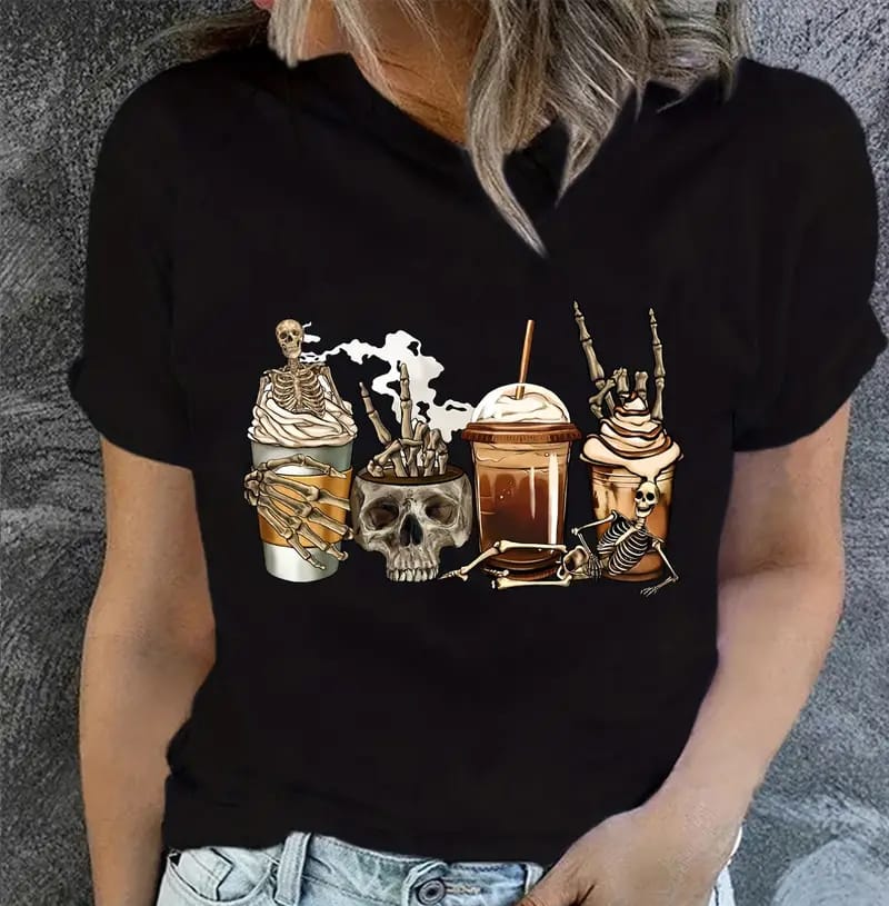 Skull Summer Short Sleeve Casual Top Women's Clothing Print T-Shirt The Most Popular in 2024 Harajuku Short-sleev Elegant Tshirt