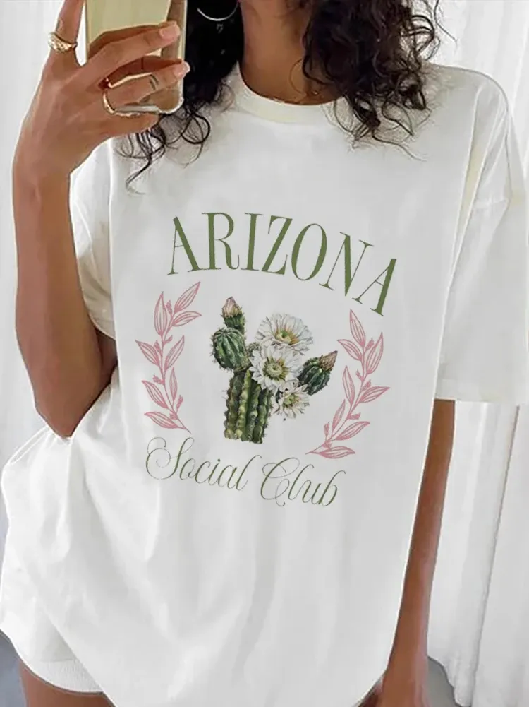 Arizona Letter Print Top Short Sleeved Women's Trendy Pattern Print 2024 New Fun Summer O-Neck Style Casual Versatile T-Shirt.