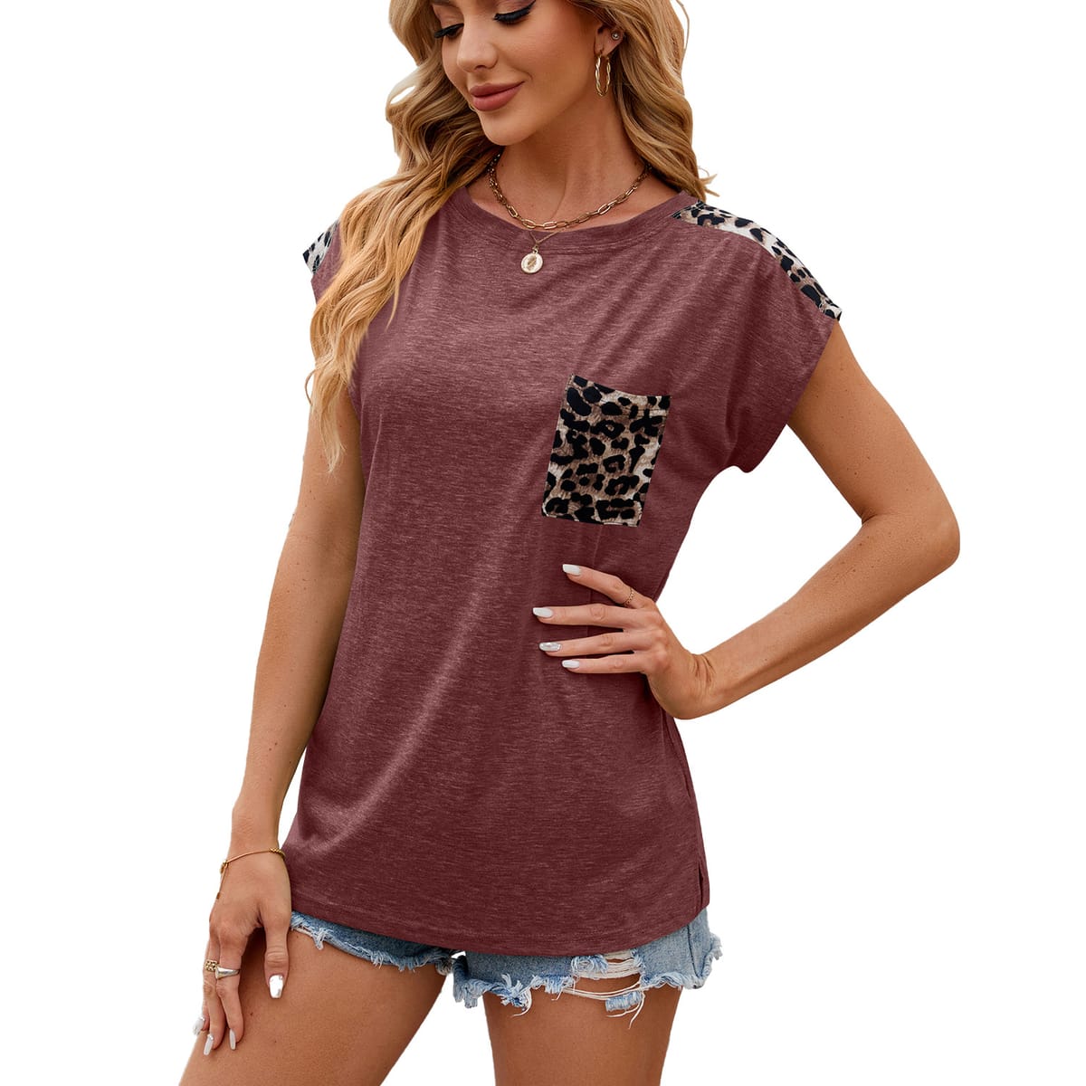 Women's Short Sleeve T Shirt, Tops for Summer, Solid Round Neck, Pocket
