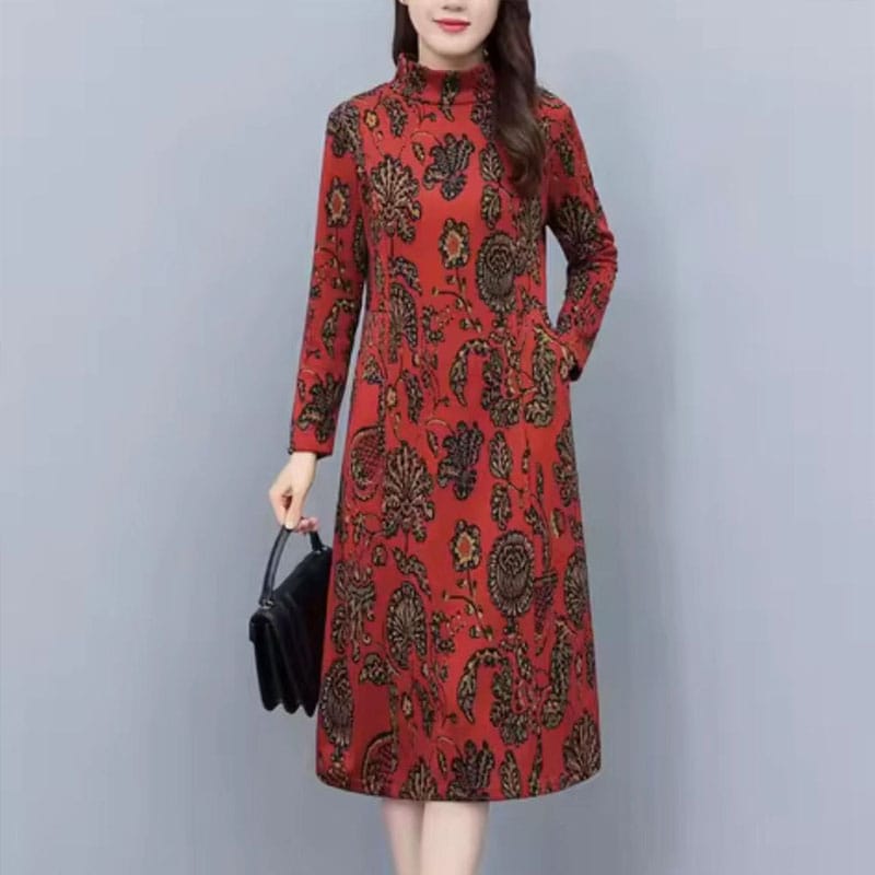 Winter Noble Women's Dress Fashionable Printed Half High Neck Long Sleeves Loose and Comfortable Casual Commuting Long Dress