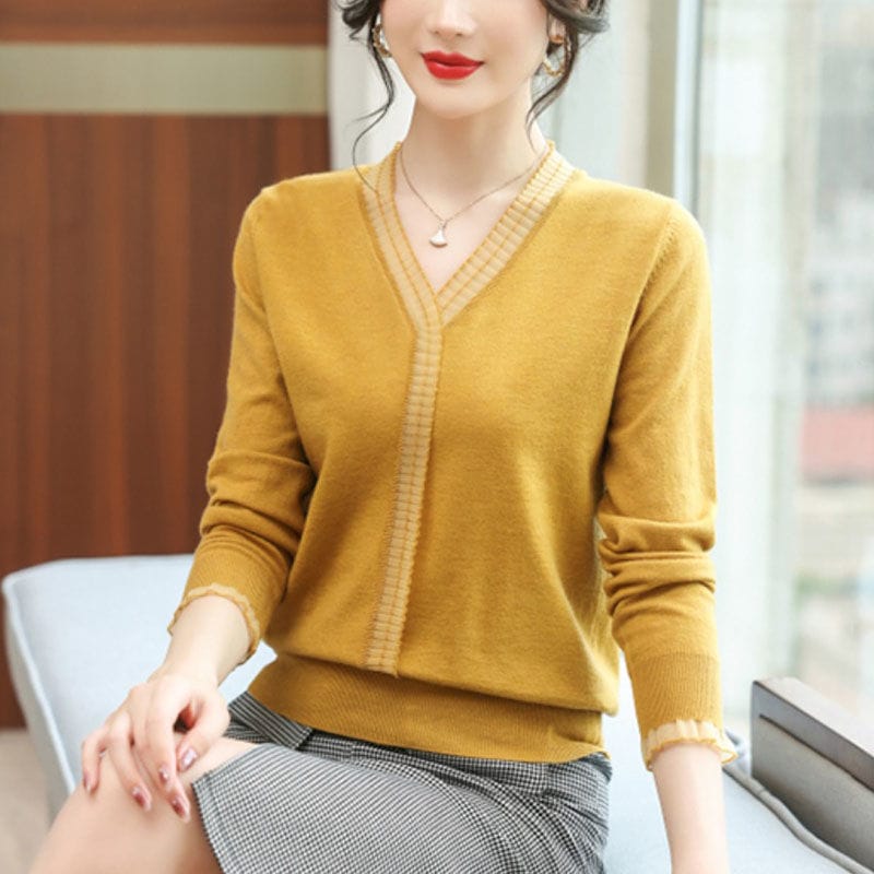 2023 Autumn and Winter Fashion New Trend Women's Clothing Lace V-neck Long Sleeve Solid Color Simplicity Commuter Pullover Shirt