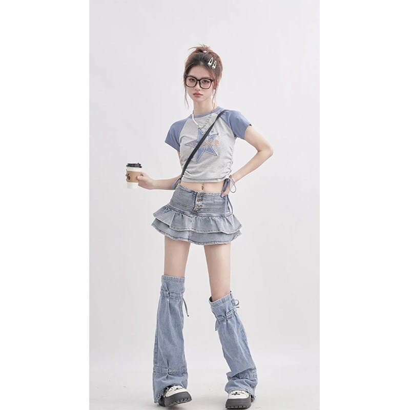 100% Cotton Raglan Short Top Short Sleeve Women's Summer Trend Retro Fashion Street Star Drawstring Design Sense T-shirt Y2K