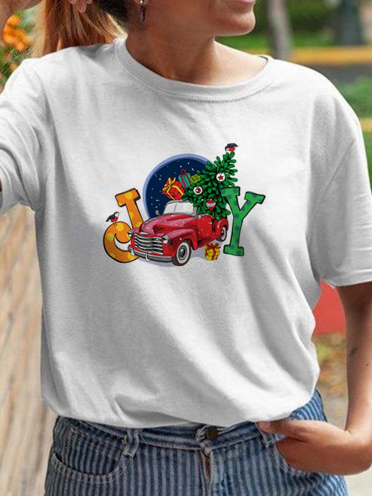 Women's Christmas Short Sleeve Letters Casual StyleWomen Top Snowman Print Women Gift New Year Print Short Sleeve Vacation
