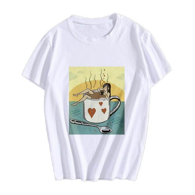 Spring Women's Short Sleeve T-shirt New Cartoon Hand Painted Coffee Cup Letter Printing Harajuku  Women Clothes  Aesthetic
