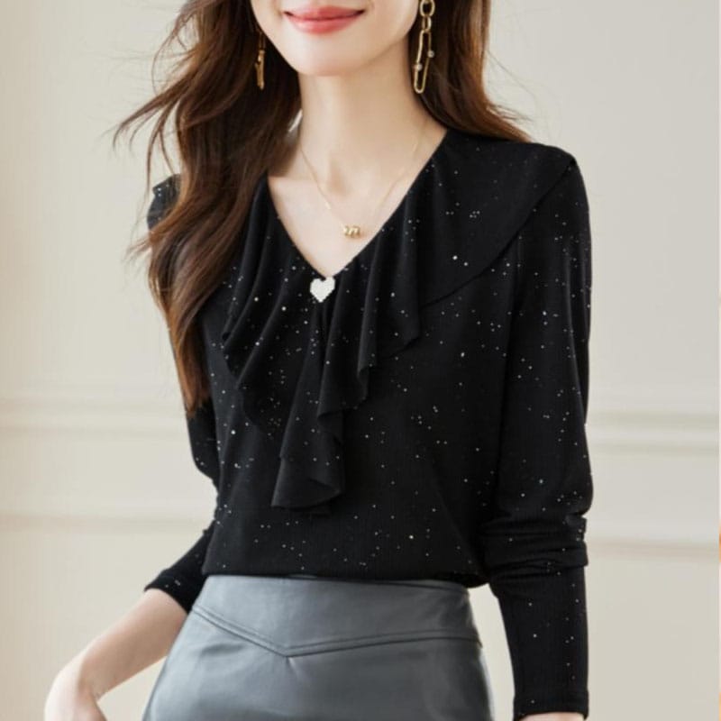 2023 Spring and Autumn Women's Fashion Elegant Red V-Neck Ruffled Heart Diamond Embedding Slim Fit Comfortable Versatile Top