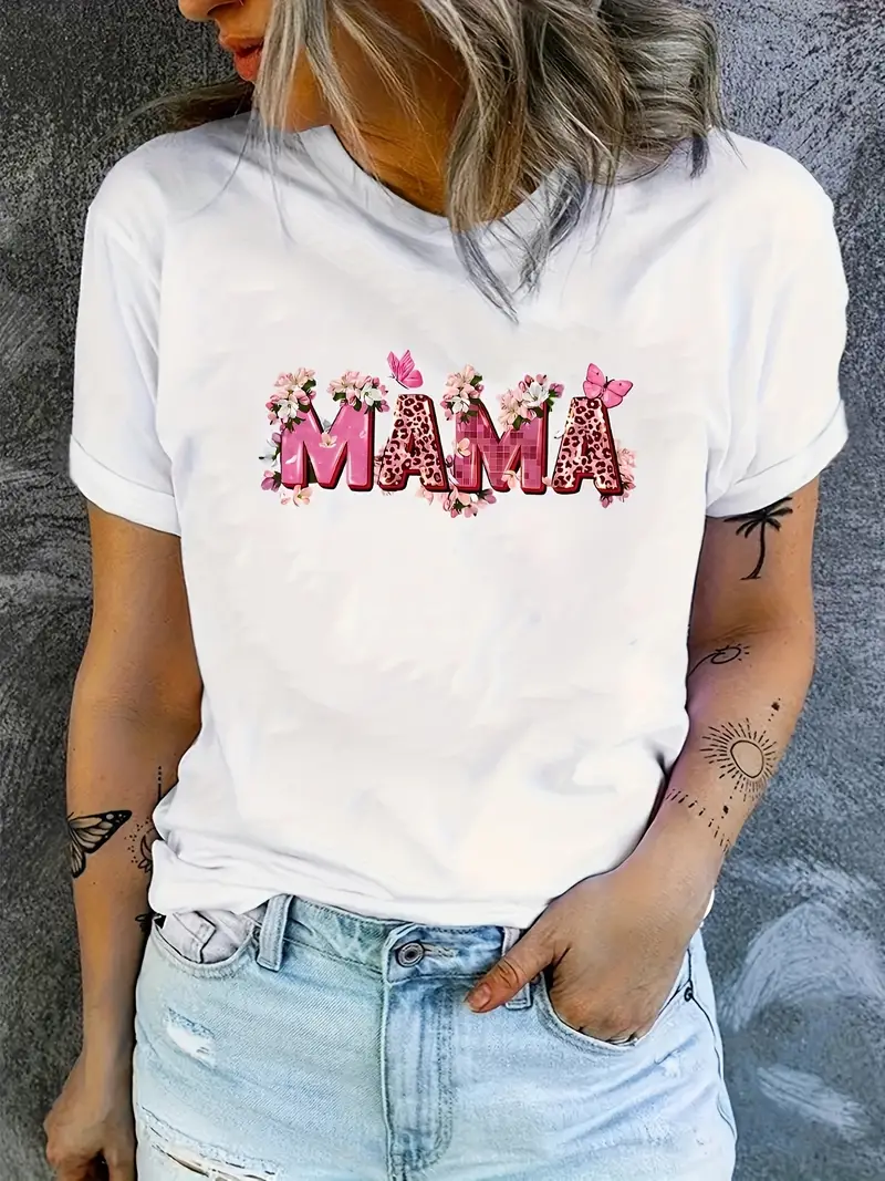 Mama Letter Pink Butterfly Leopard Print T-Shirt Fun Handdrawn Simple Women's T-Shirt Fashion Casual Summer Top 2024New Harajuku