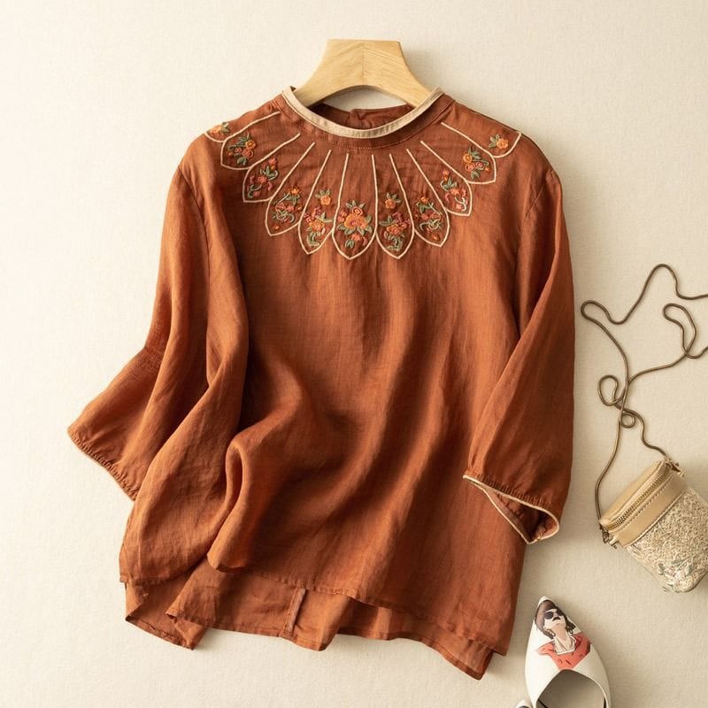Summer Ethnic Style Women's 2024 New Retro Pullover O-Neck Patchwork Embroidered Loose Comfortable Casual Cotton and Linen Tops