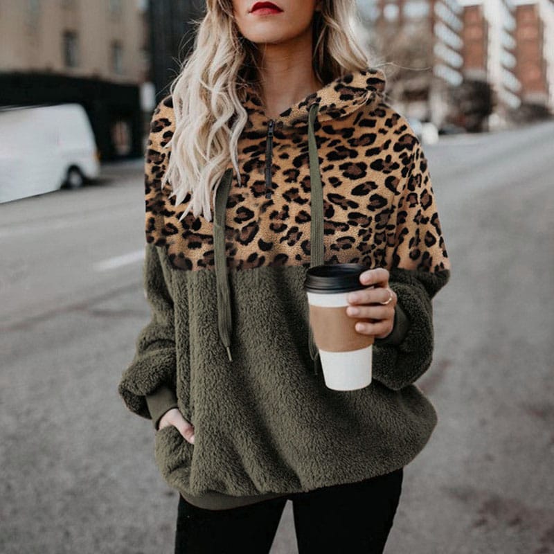 2023 Autumn and Winter Women's Fashion Sexy Color Block Leopard Pattern Zipper Hoodie Casual Comfortable Versatile Top