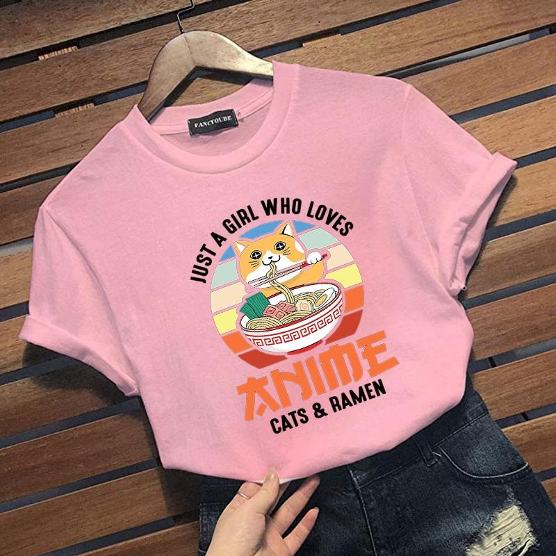 JUST A GIRL WHO LOVES CATS RAMEN T-Shirt Women's Casual Comfortable Funny Ramen Cat Graphic T-Shirt Shirt