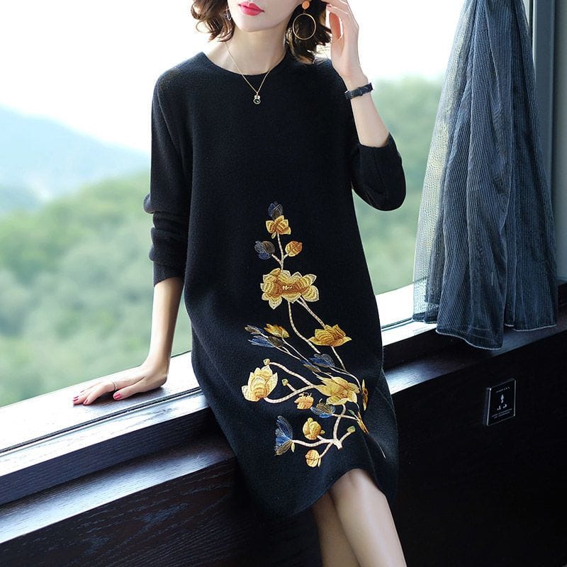 Autumn Women's Thin Round Necked Quarter Sleeved Printed Knit Skirt Winter Thickened Korean Version Loose and Comfortable Dress