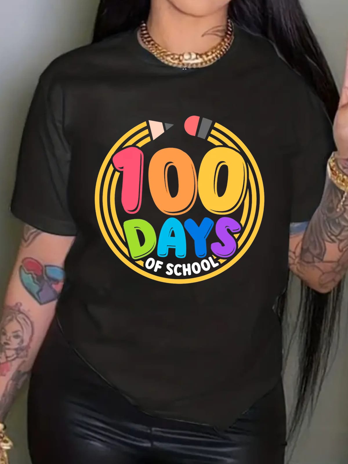 100Th Day of School Personalized Custom T-Shirt Teacher's Day Appreciation Gift for Teacher Women's Round Neck Top