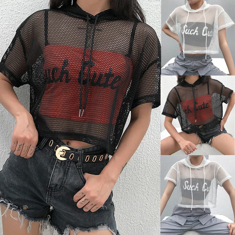 Fashionable Street Trend Hooded Hoodie With Transparent Mesh Hoodie Top T-Shirt Black White Short Sleeved Sexy Women's Clothing