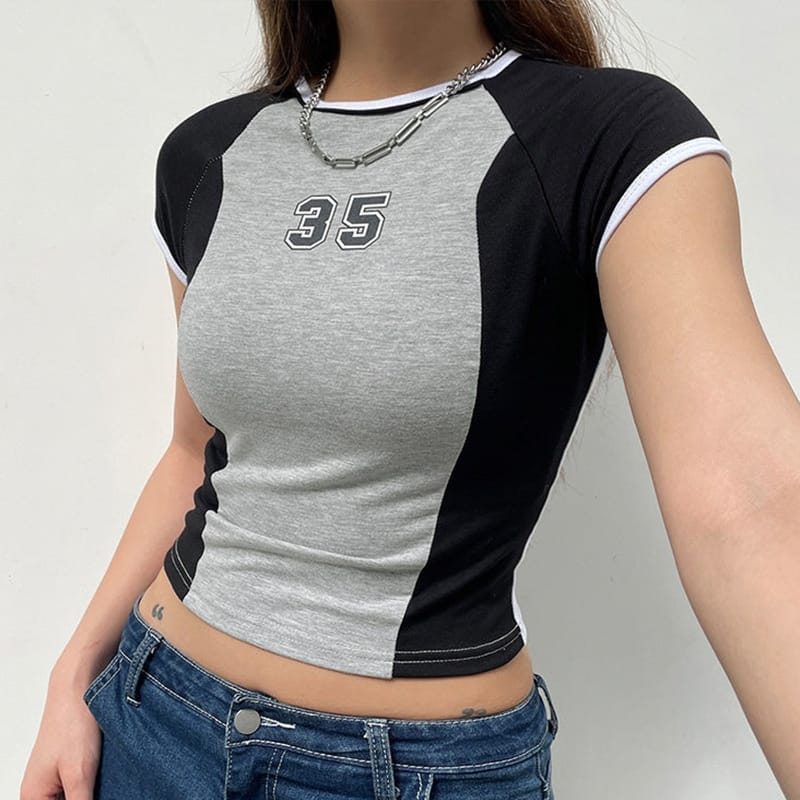 Sexy T-shirt Women's contrasting color patchwork digital print slimming summer fashion girl casual exposed navel short T-shirt